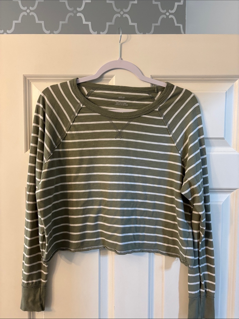 aerie Olive Green & White Striped Cropped Long-Sleeve Top